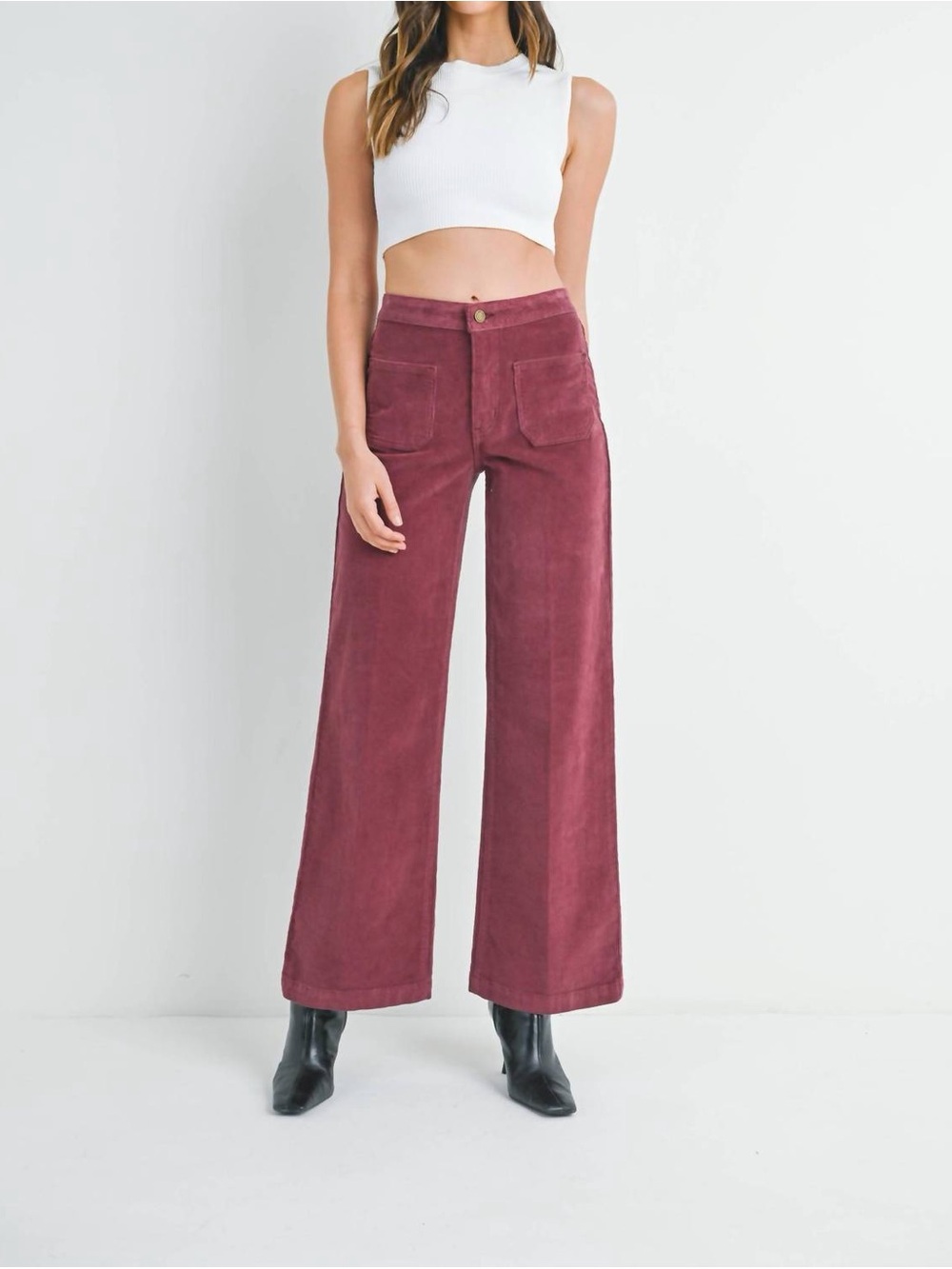 Jbd. Women’s Corduroy Mini Patch Pocket Wide Leg Pants 31 Dark Burgundy